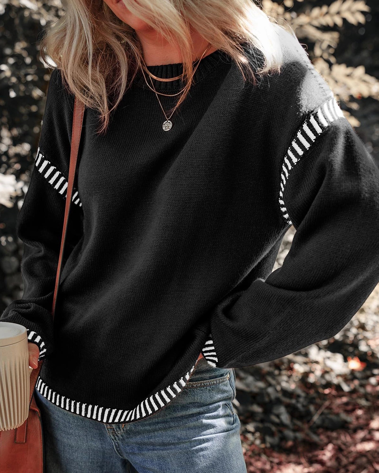 Sweaters for Women Fashion Solid Crewneck Loose Fit Long Sleeve Contrast Cable Knit Pullover